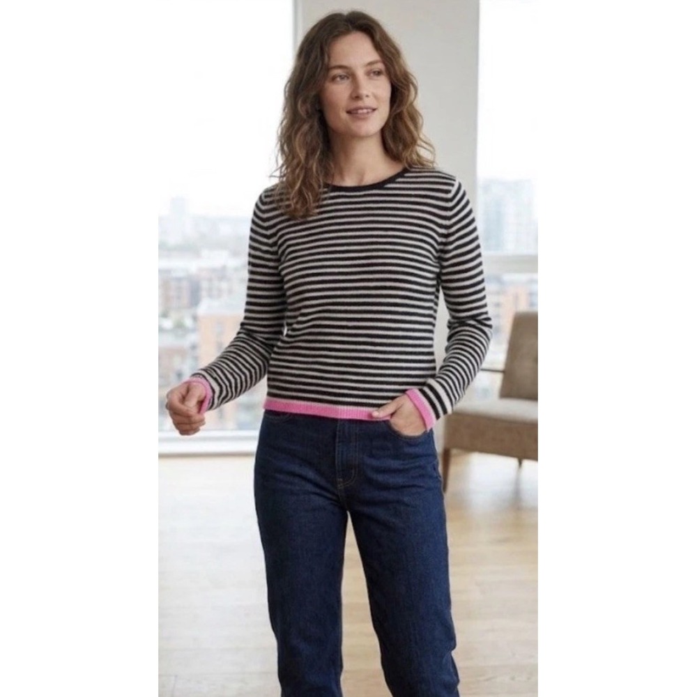 Jumper 1234 Cashmere Sweater Sz 2 Small Striped Pink Trim Quiet Luxury Preppy